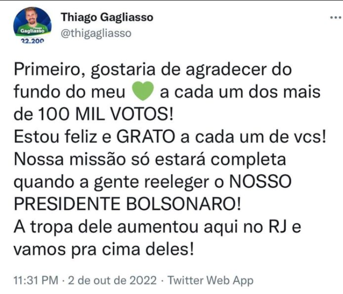 Postagem que Thiago Gagliasso fez ao ganhar as eleições esse ano (Foto Reprodução/Internet)