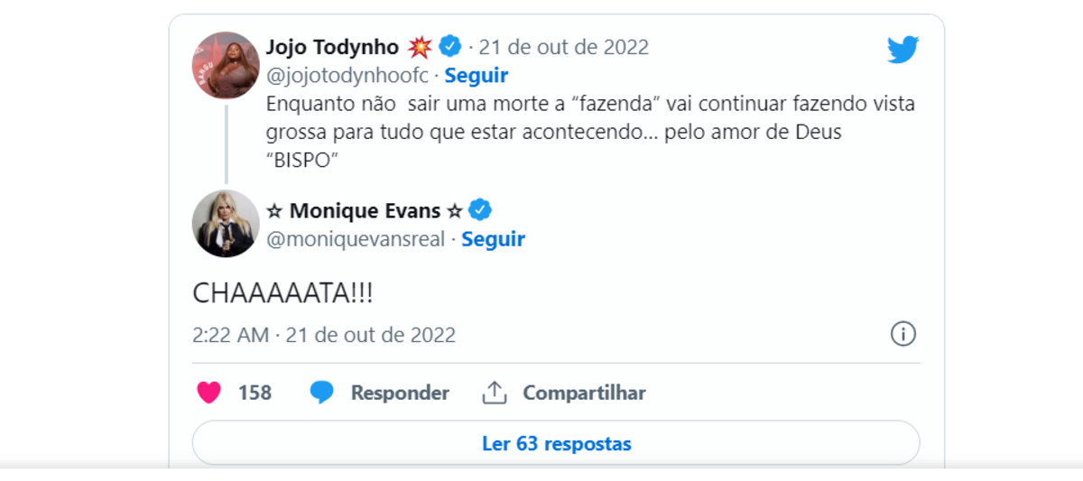 Jojo comenta situação do reality e Evans a chama de Chata (Foto Reprodução/Twitter)