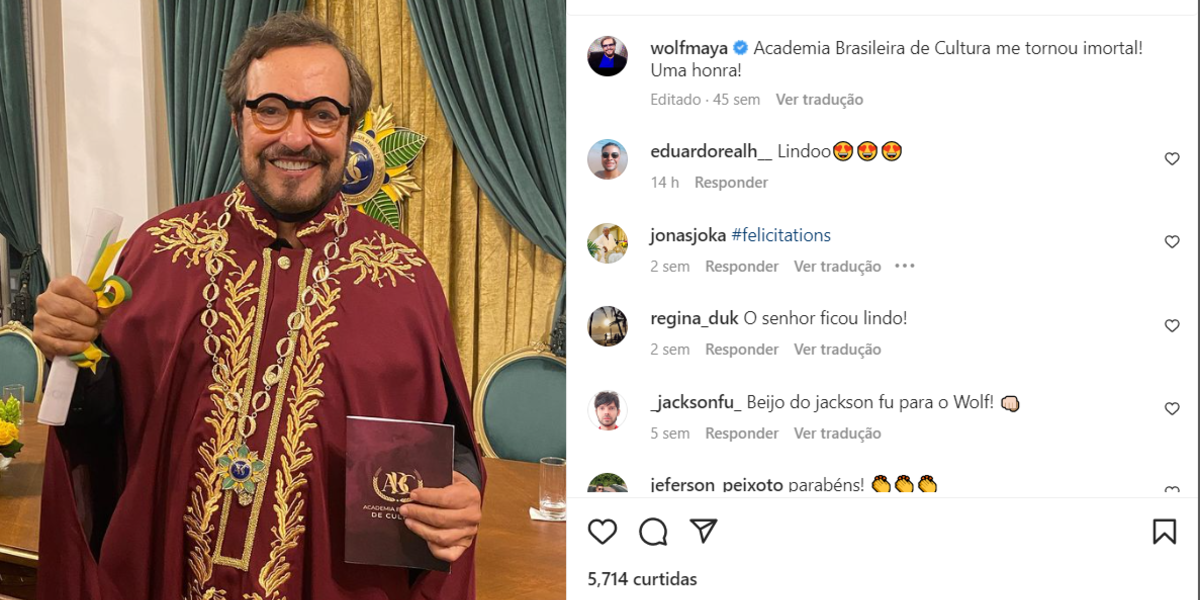 ator se tornou imortal da "Academia Brasileira de Cultura" (Foto Reprodução/Instagram)