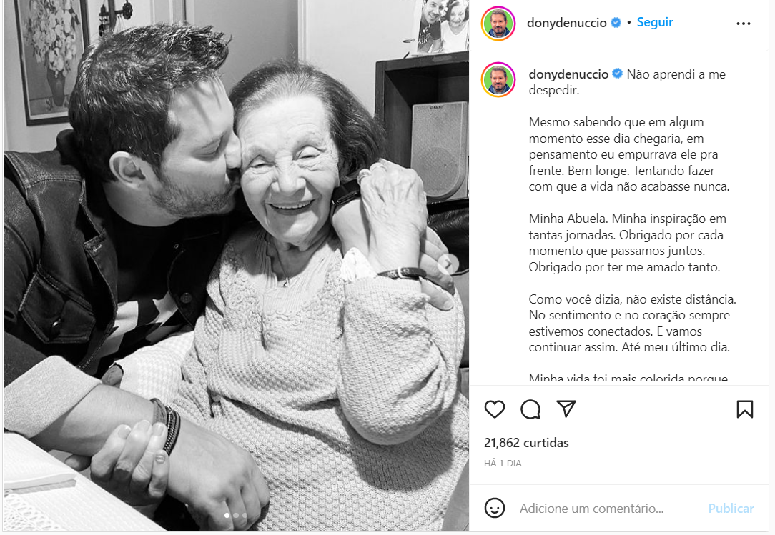 O jornalista Dony De Nuccio presta homenagem para a sua avó que veio a falecer essa semana (Foto Reprodução/Instagram)