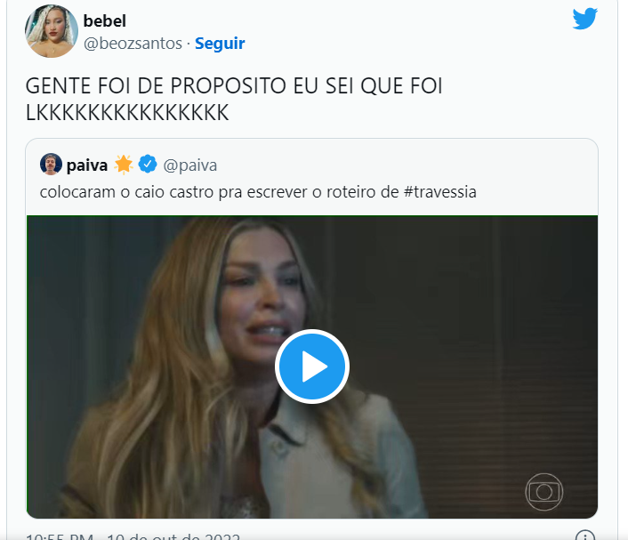 Web reage após cena de Massafera em Travessia por acharem que foi indireta a Caio Castro(Foto Reprodução/Twitter)