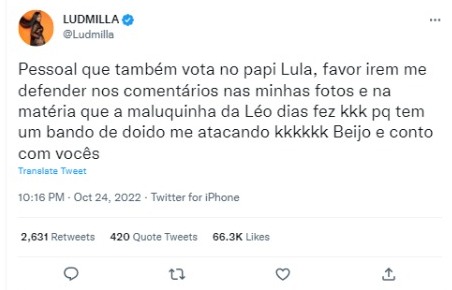 Ludmilla faz apelo aos fãs (Foto: Reprodução/Twitter)