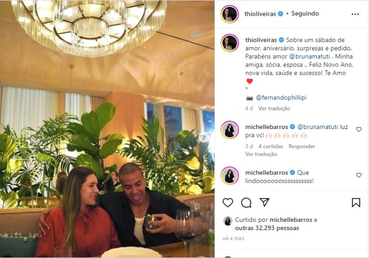 Thiago Oliveira aproveita o aniversário da namorada, Bruna Matuti, se declara e pede sua mão em casamento (Foto: Reprodução/Instagram)