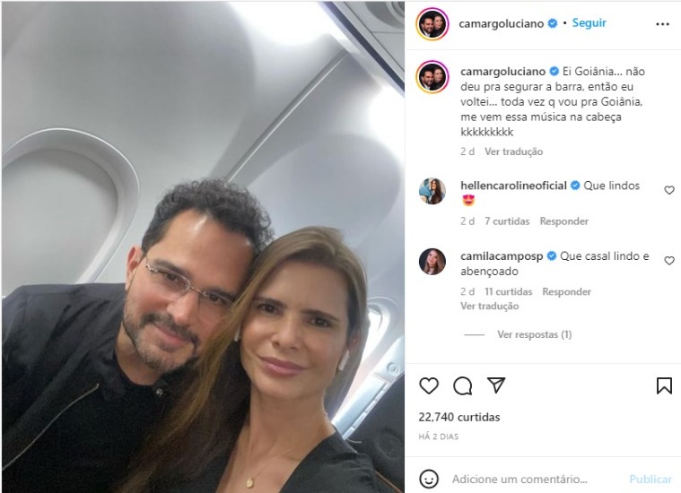 Luciano Camargo e a esposa, Flávia, viajando para Goiânia (Foto: Reprodução/Instagram)