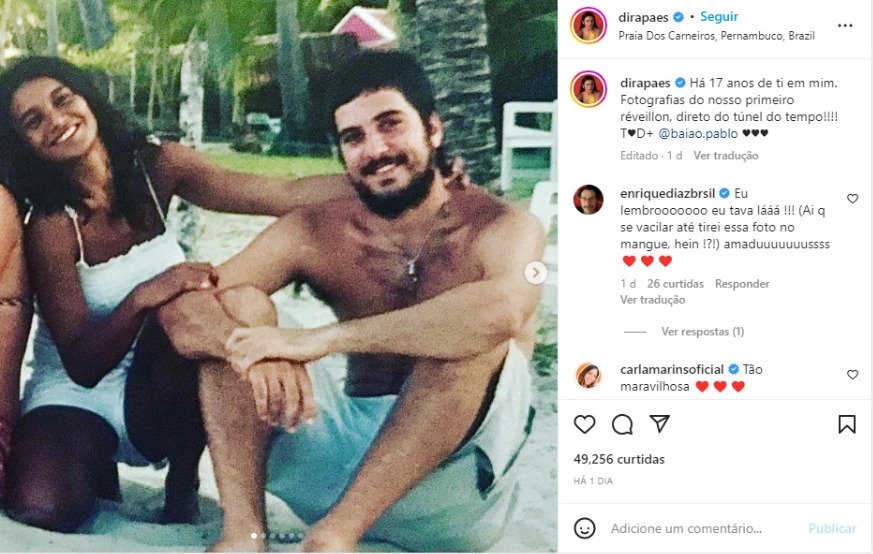 Dira Paes celebra 17 anos de união com o marido, Pablo Baião (Foto: Reprodução/Instagram)