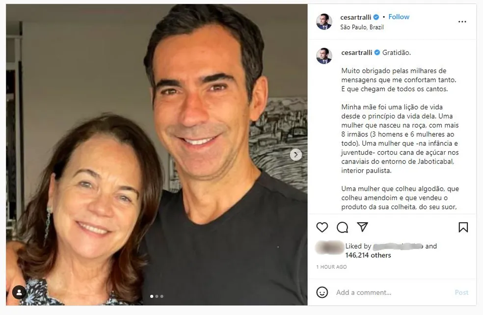 César Tralli publica homenagem à mãe, que faleceu recentemente (Foto: Reprodução/Instagram)