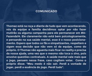 A Fazenda 14 - Jogou a toalha? Equipe de Thomaz Costa acata decisão do peão e desiste de puxar mutirão nesta quinta (20) (Foto: Reprodução / Twitter)