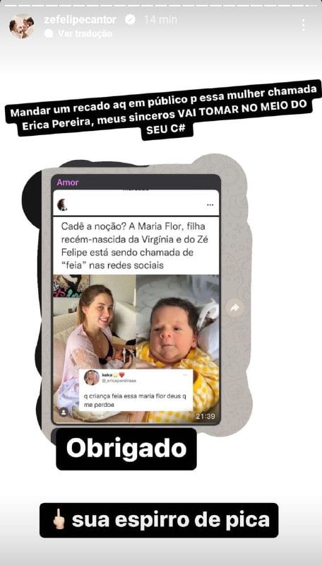 Zé Felipe se revoltou e esculhambou mulher que falou da aparência de sua filha com Virgínia Fonseca (Foto: Reprodução/ Instagram)