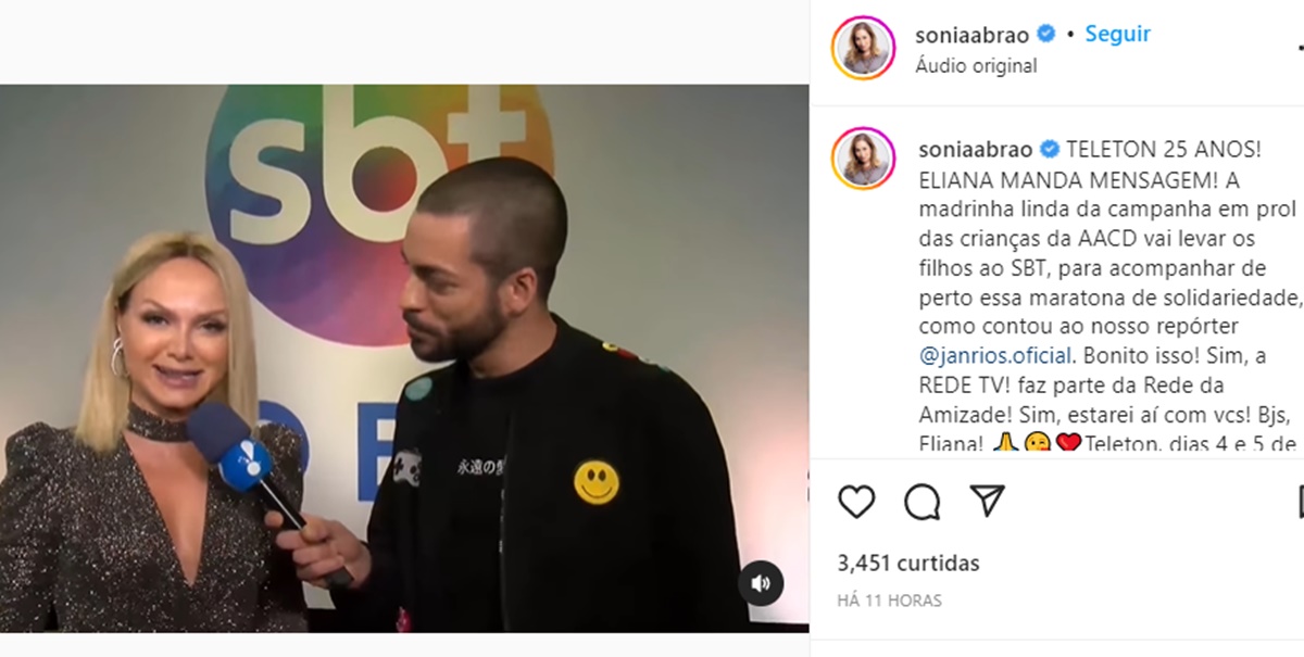 Sonia Abrão publica recado em vídeo dado por Eliana à ela sobre ida confirmada da jornalista ao Teleton no SBT 