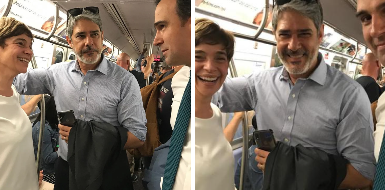 William Bonner andando de metrô ao lado de Renata Lo prete e Tadeu Schmidt (Foto Reprodução/Montagem/O Tv Foco)