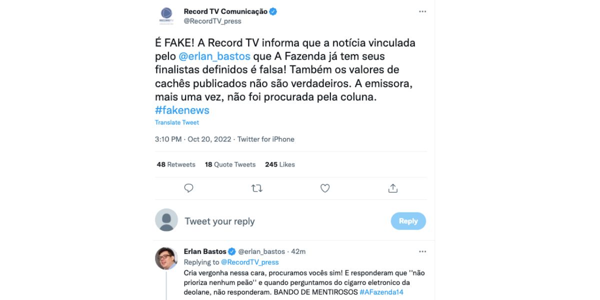 De acordo com a Record, informações de Erlan Bastos são falsas (Reprodução)