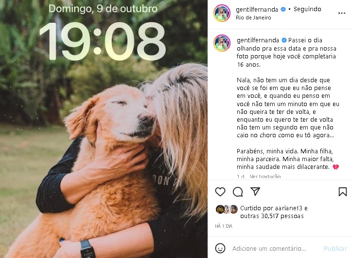 Fernanda Gentil expôs o sentimento de saudade de sua cachorra de estimação (Foto: Reprodução)