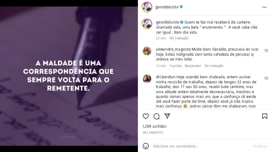 Geraldo Luís fez uma reflexão em suas redes sociais e cravou com um recado daqueles (Foto: Reprodução/ Instagram)