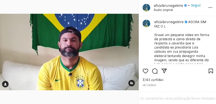 Goleiro Bruno declarou apoio a Bolsonaro e ainda detonou Lula em vídeo (Foto: Reprodução/ Instagram)