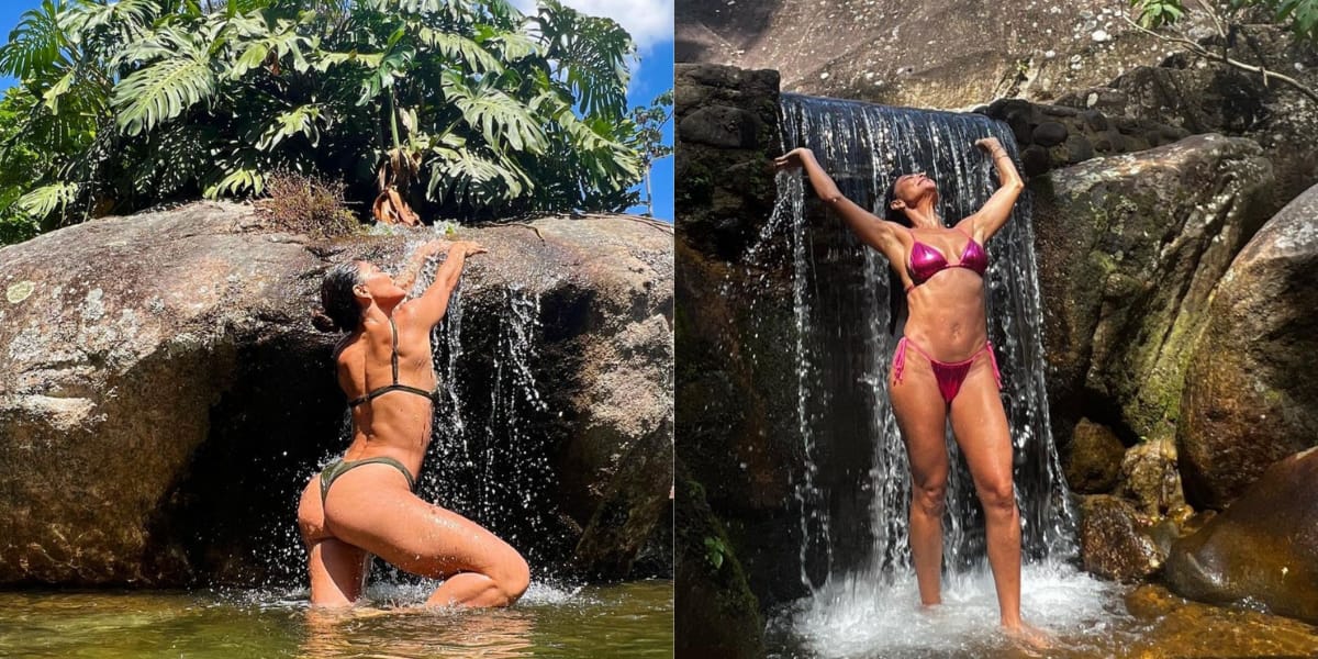 A atriz aproveitando um belo banho de cachoeira (Reprodução: Instagram)