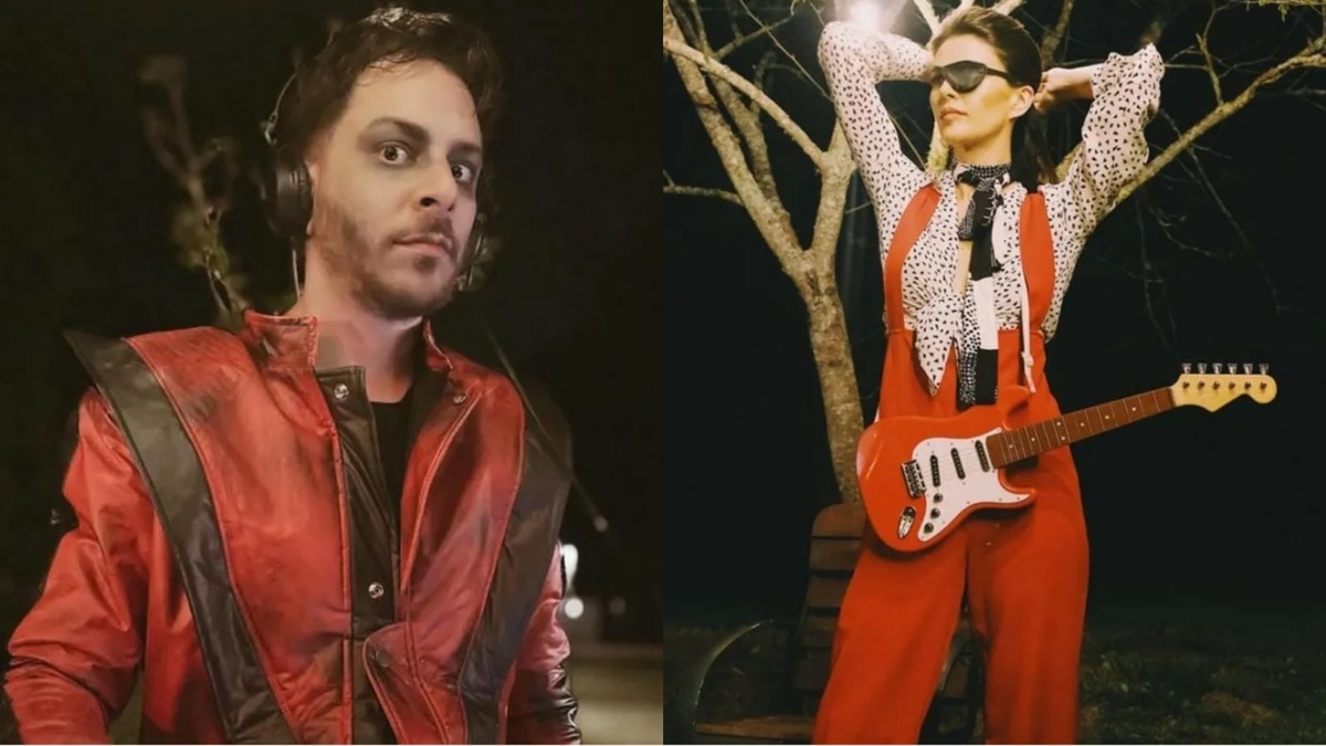 Junior Lima e Mônica Benini fantasiados de Thriller de Michael Jackson e David Bowie respectivamente 