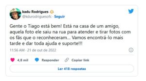 A Fazenda 14 - Record diz onde deixou Tiago Ramos e comunicado é feito por amigo, após foto na rua: "Encontrá-lo" (Foto: Reprodução / Twitter)