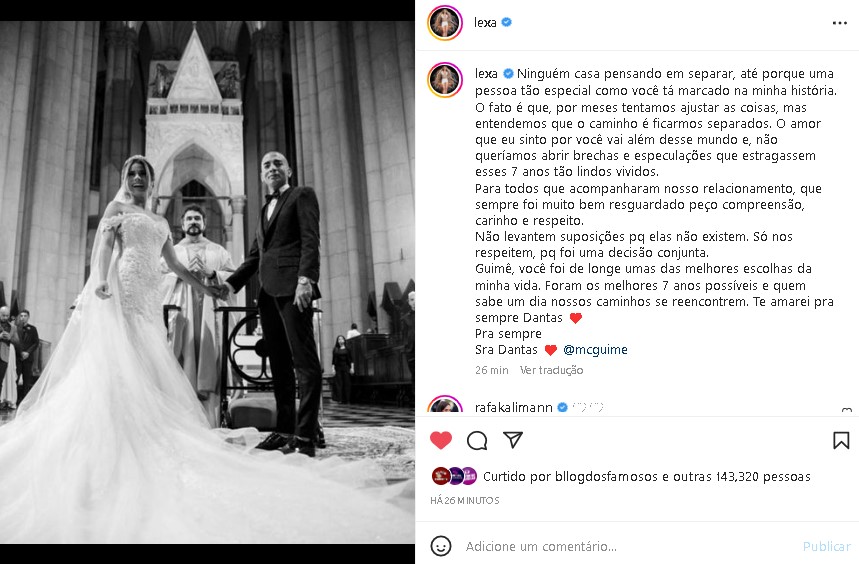 Lexa e Mc Guimê anunciaram o fim do casamento que durou 7 anos (Foto: Reprodução/ Instagram)