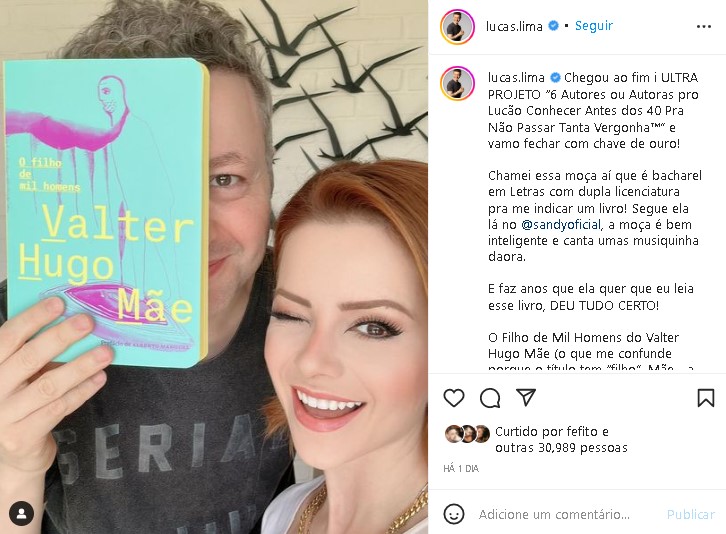 Lucas Lima expôs que Sandy sugeriu um livro, mas somente agora ele decidiu fazer a leitura (Foto: Reprodução/ Instagram)