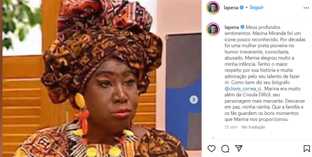 Homenagem de Hélio em suas redes sociais para Marina Miranda (Foto Reprodução/Instagram)