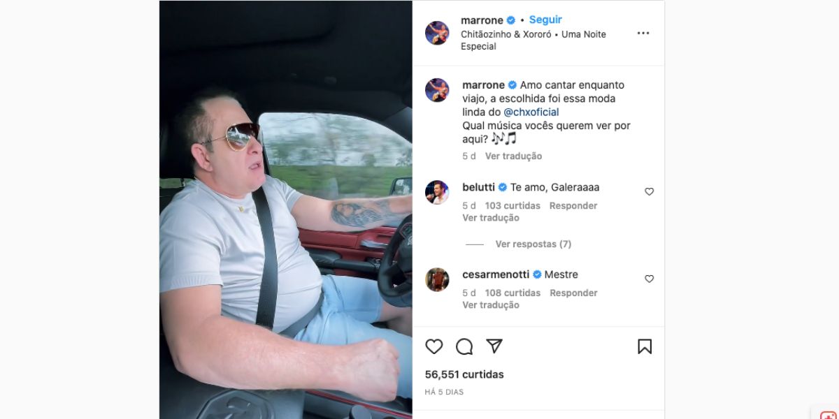 Marrone canta música de Chitãozinho e Xororó em viagem (Reprodução)