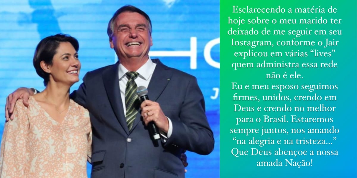Michelle Bolsonaro esclarce o motivo de Jair Bolsonaro não segui-la nas redes sociais (Reprodução: Instagram)