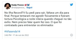 Nadja Pessoa escancara tortura psicológica que sofreu dentro de reality da Record TV em desabafo nas redes sociais (Foto: Reprodução / Twitter)