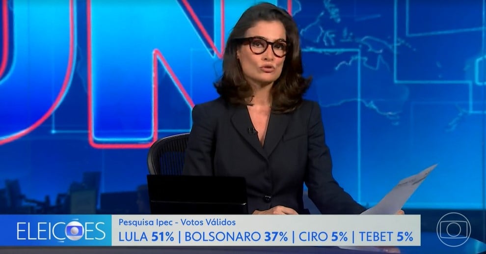 Renata Vasconcellos interrompeu o Caldeirão na Globo e mostrou pesquisa eleitoral (Foto: Reprodução)