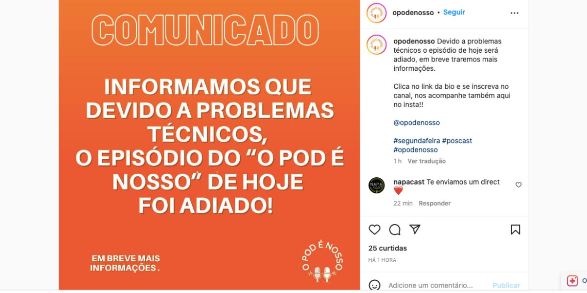 De acordo com comunicado, pod de apresentador será adiado por conta de problemas técnicos (Reprodução)