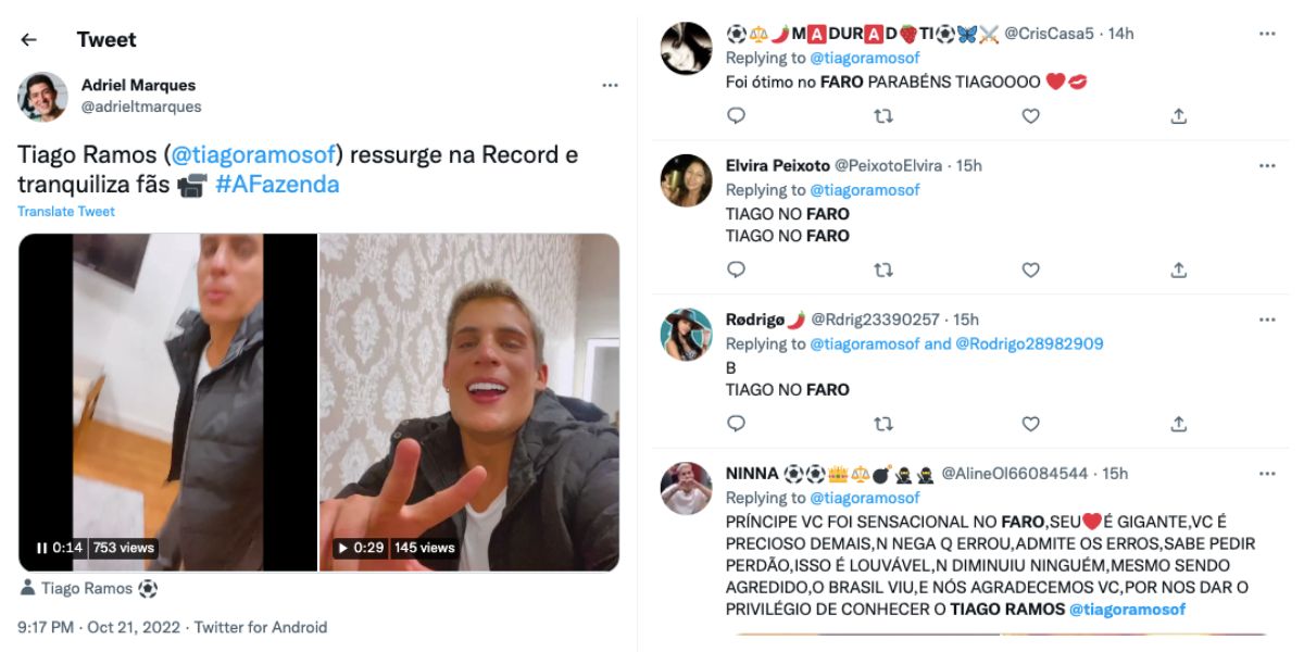 Fãs se animam ao ver Tiago Ramos na Record (Reprodução)