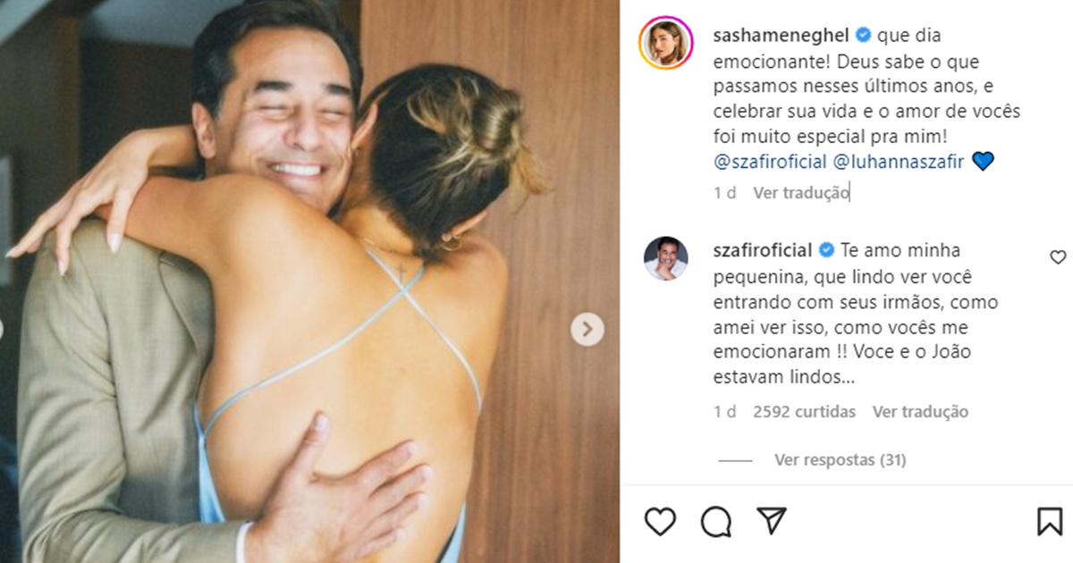 Sasha Meneghel faz declaração afetuosa para Luciano Szafir após casamento e resposta dele não passa batida pelos internautas 