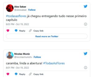 Estreia de Todas as Flores no streaming nesta quarta-feira (19) recebe elogios: "Entregou tudo neste primeiro capítulo" (Foto: Reprodução / Twitter)