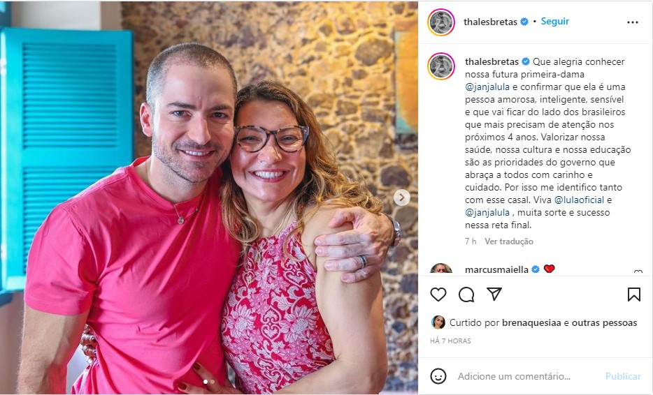 Viúvo de Paulo Gustavo, Thales Bretas, mostra apoio político em post no Instagram - Foto: Reprodução