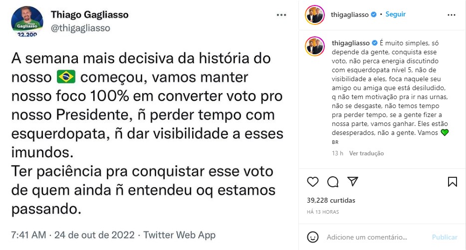 Thiago Galiasso mobiliza com campanha política nas redes sociais - Foto: Reprodução