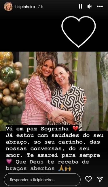 Ticiane Pinheiro anuncia morte da sogra, mãe de César Tralli, nas redes sociais 