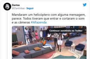 A Fazenda 14 - Mensagem subliminar? Record corta sinal ao vivo após possível invasão de helicóptero na tarde desta terça-feira (11) (Foto: Reprodução / Twitter)