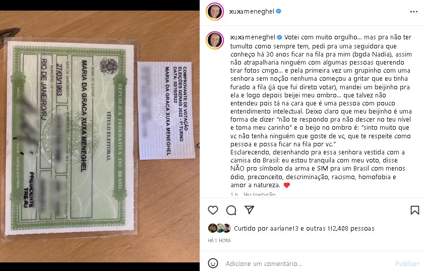 Xuxa Meneghel falou sobre confusão na fila na hora de votar (Foto: Reprodução/ Instagram)