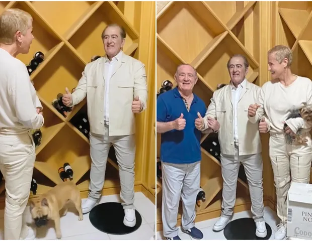 Xuxa Meneghel surpreendeu ao surgir de forma inesperada na mansão de Renato Aragão e mostrou estátua (Foto: Reprodução)