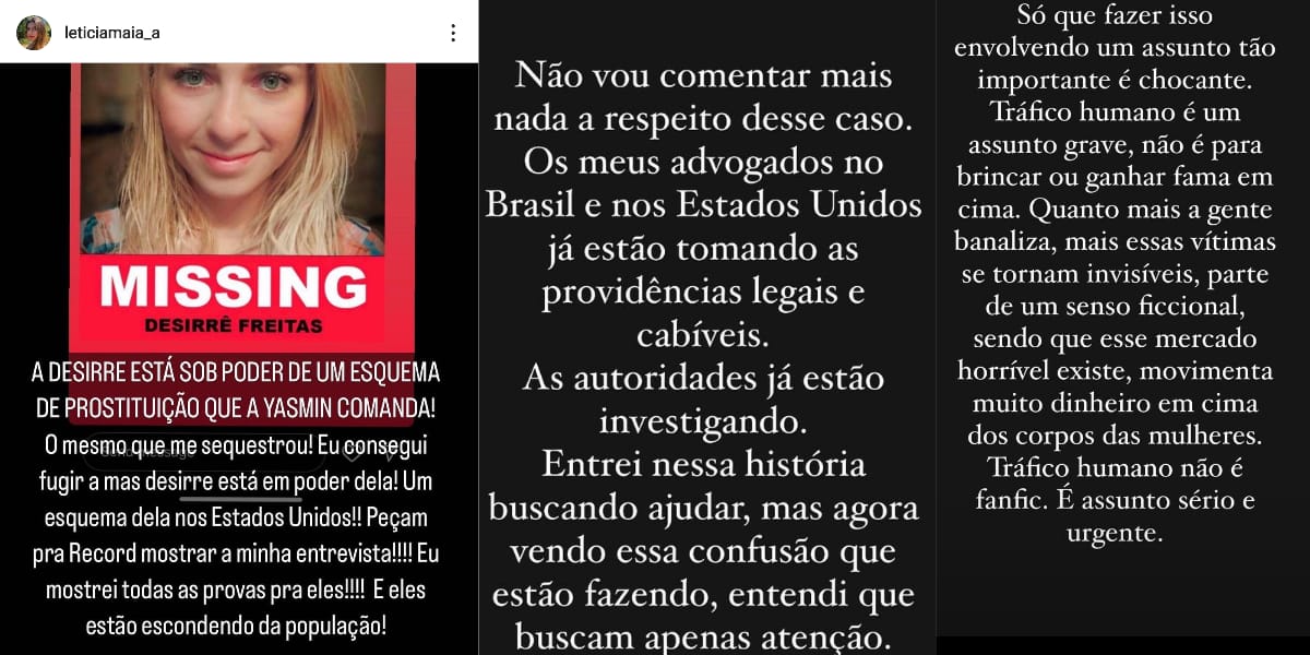 Primeiro trecho acusação de Letícia sobre Yasmiin. Segundo e terceiro trechos resposta da atriz sobre as acusações (Reprodução: Instagram)