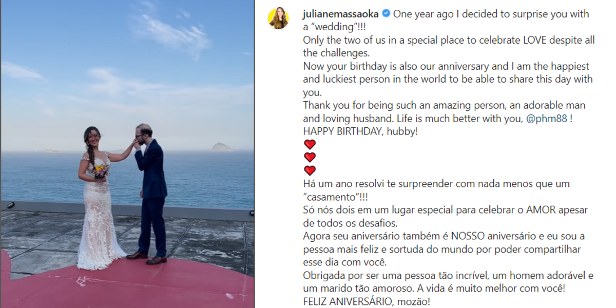 Postagem de Ju Massaoka, para celebrar tanto o aniversário de Patrick, como o aniversário de casamento (Foto Reprodução/Instagram)