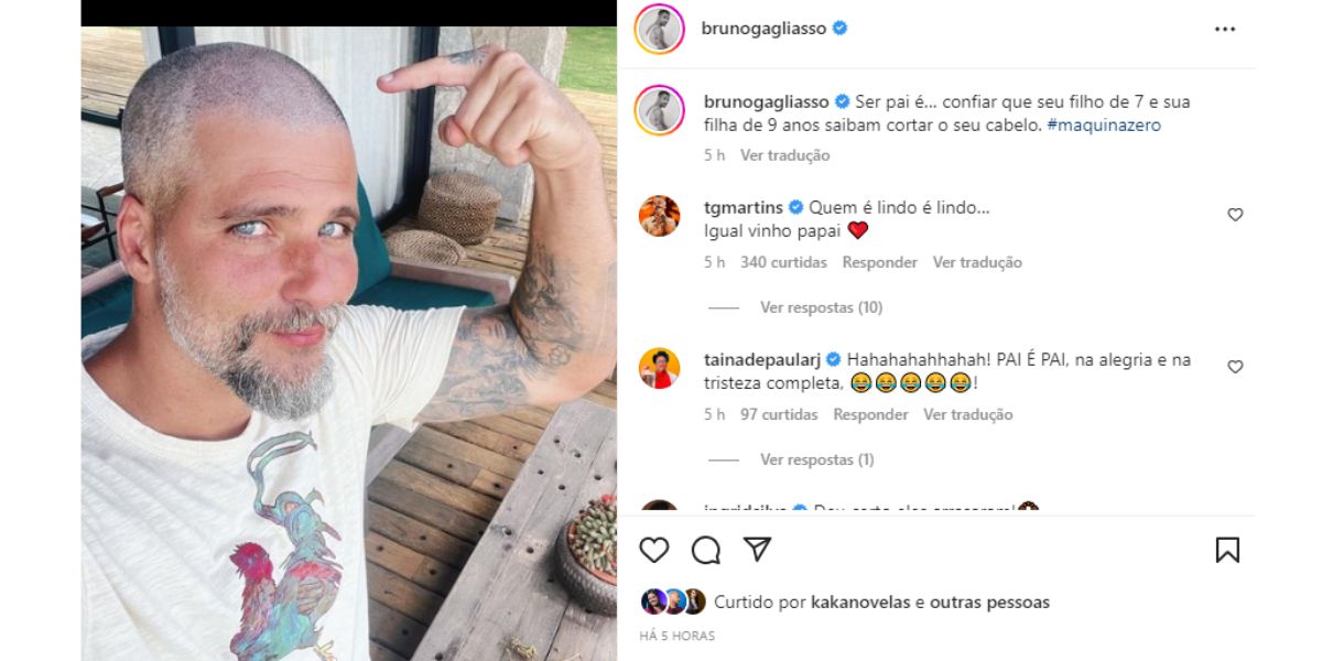 Bruno Gagliasso coloca máquina nas mãos dos filhos e fica careca