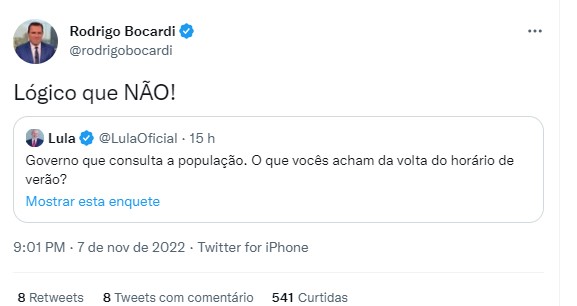 Rodrigo Bocardi respondeu até o perfil de Lula para expor que é contra a volta do horário de verão