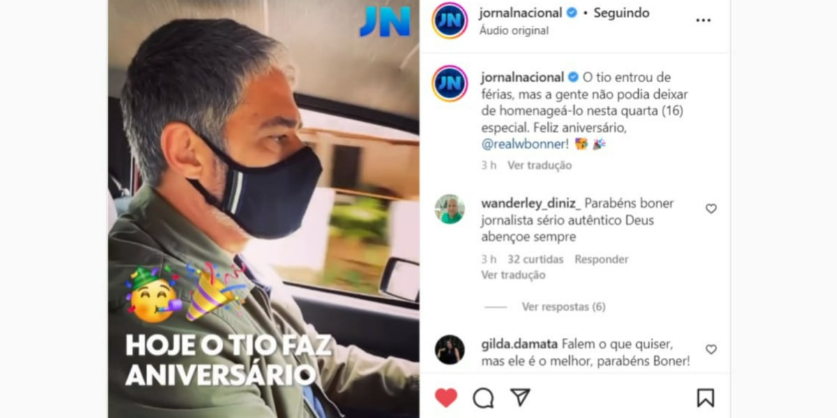 Perfil do "Jornal Nacional" prestou homenagem a William Bonner (Foto: Reprodução/Instagram)