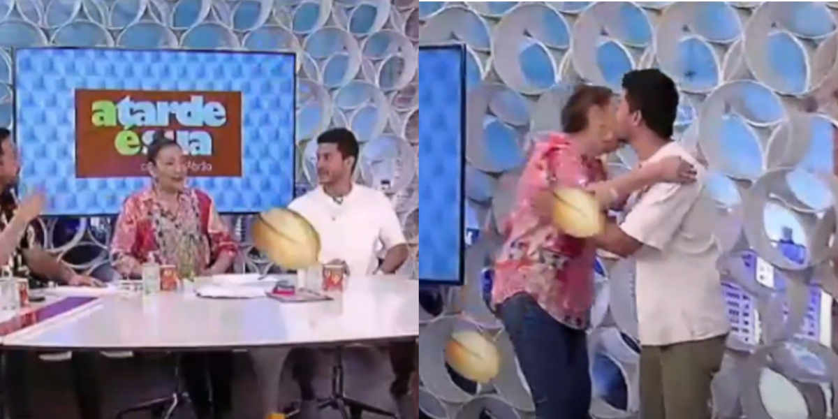 Arthur Aguiar recebeu "chuva" de pães ao lado de Sonia Abrão (Foto: Reprodução/RedeTV!)