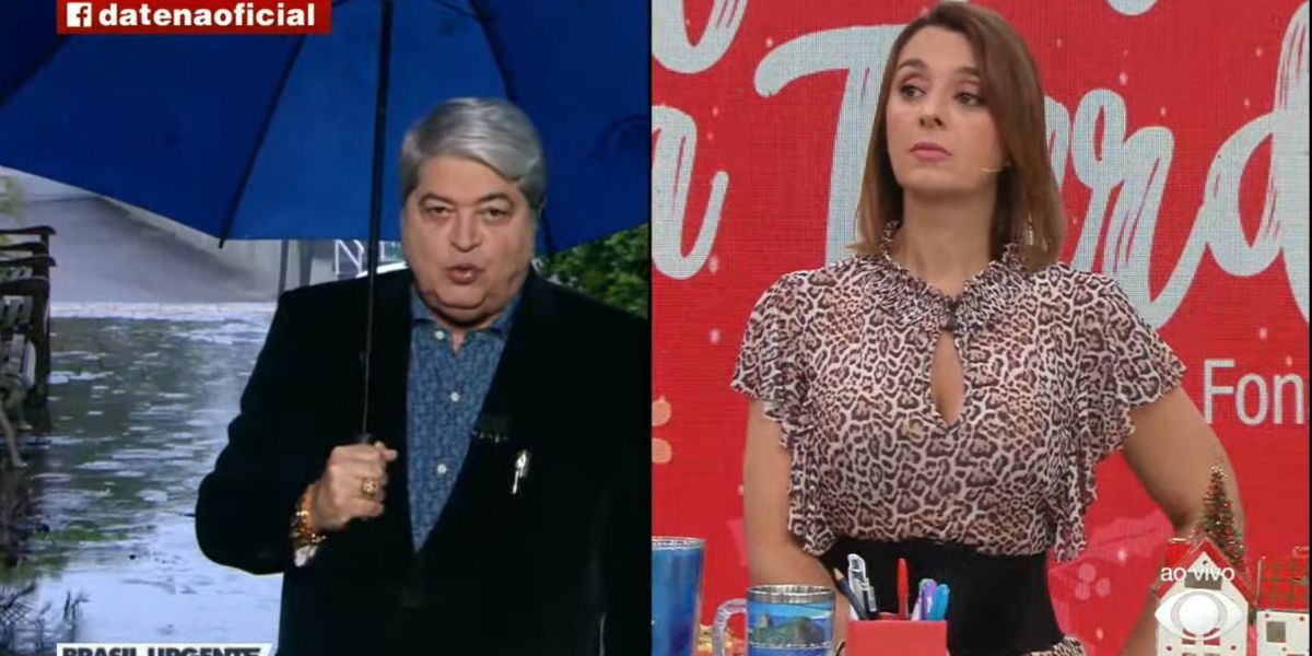 Datena surgiu na chuva para conversar com Catia Fonseca