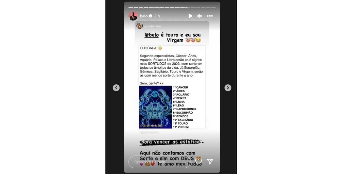 Gracyanne Barbosa publica imagem sobre astrologia e Belo comenta