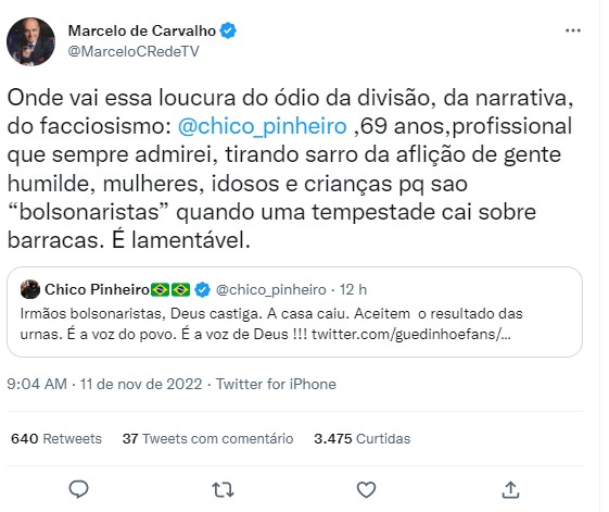 Marcelo de Carvalho retrucou Chico Pinheiro no Twitter