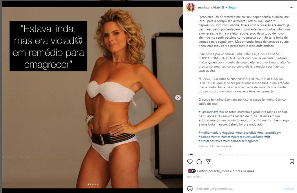 Maria Cândida fez fez um texto nas redes sociais para desabagffar sobre o vício que teve em remédios para emagrecer