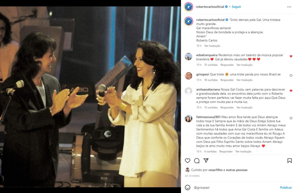 Roberto Carlos escreveu um comunicado sobre a perda de Gal Costa