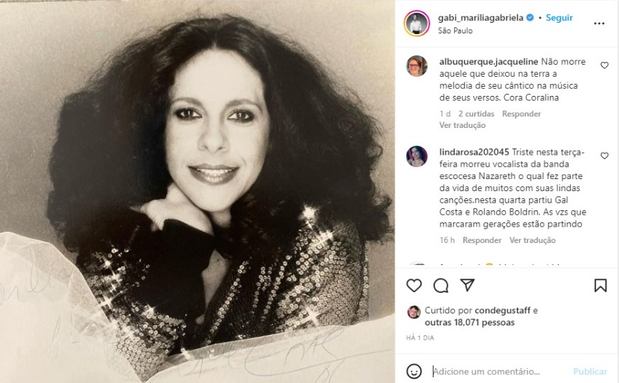 Marília Gabriela presta homenagem à Gal Costa, que faleceu na última quarta-feira (9) (Foto: Reprodução/Instagram)